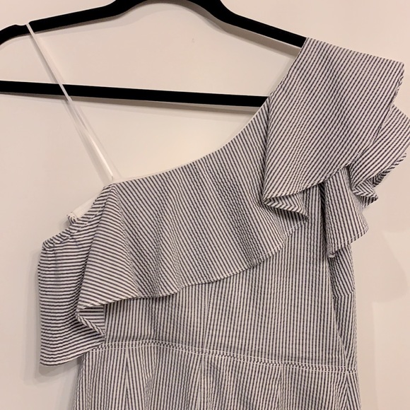 Banana Republic Size 2 Pinstripe One Shoulder Stretch Cotton Dress - Picture 10 of 14